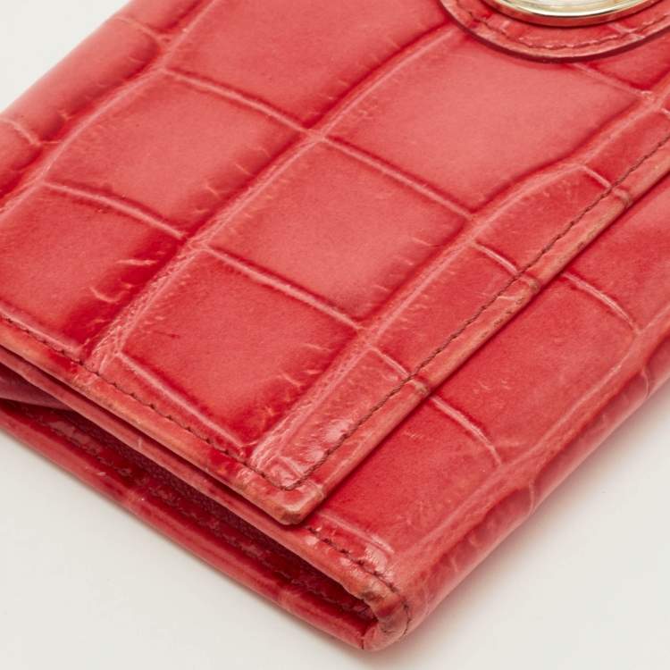 Pre Owned Versace La Medusa Medium Red Croc Embossed Leather Wallet On Chain