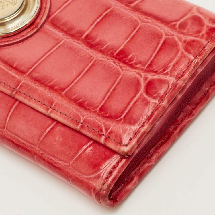 Pre Owned Versace La Medusa Medium Red Croc Embossed Leather Wallet On Chain