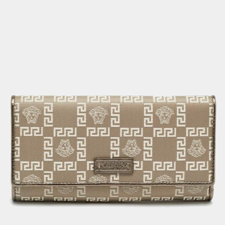 Pre Owned Versace Metallic Beige Medusa Canvas and Leather Trifold Wallet