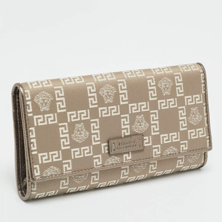 Pre Owned Versace Metallic Beige Medusa Canvas and Leather Trifold Wallet