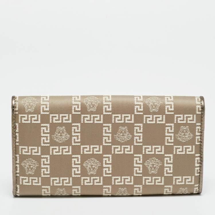 Pre Owned Versace Metallic Beige Medusa Canvas and Leather Trifold Wallet