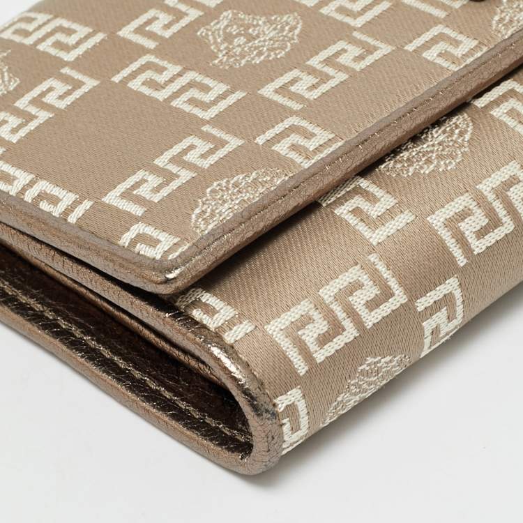 Pre Owned Versace Metallic Beige Medusa Canvas and Leather Trifold Wallet