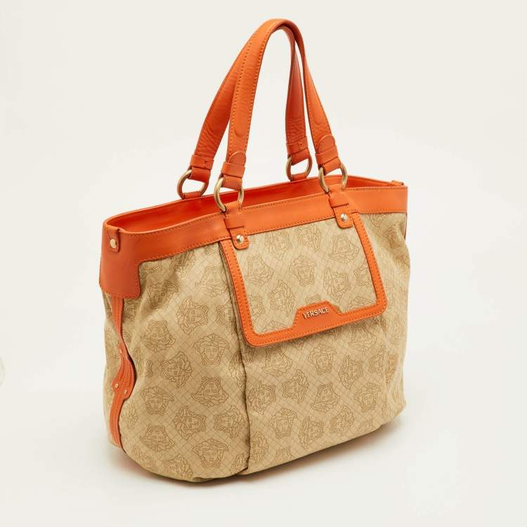 Pre Owned Versace Medusa Beige Canvas and Leather Tote