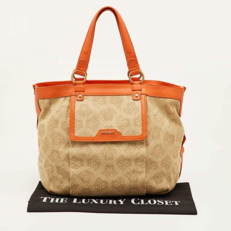 Pre Owned Versace Medusa Beige Canvas and Leather Tote