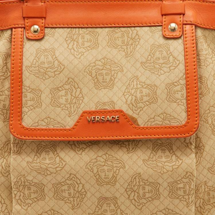 Pre Owned Versace Medusa Beige Canvas and Leather Tote