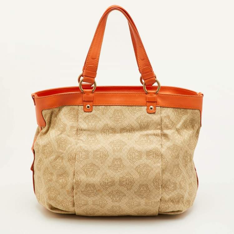 Pre Owned Versace Medusa Beige Canvas and Leather Tote