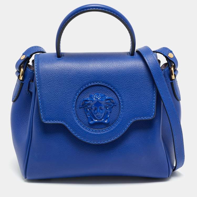 Pre Owned Versace La Medusa Blue Leather Top Handle Bag