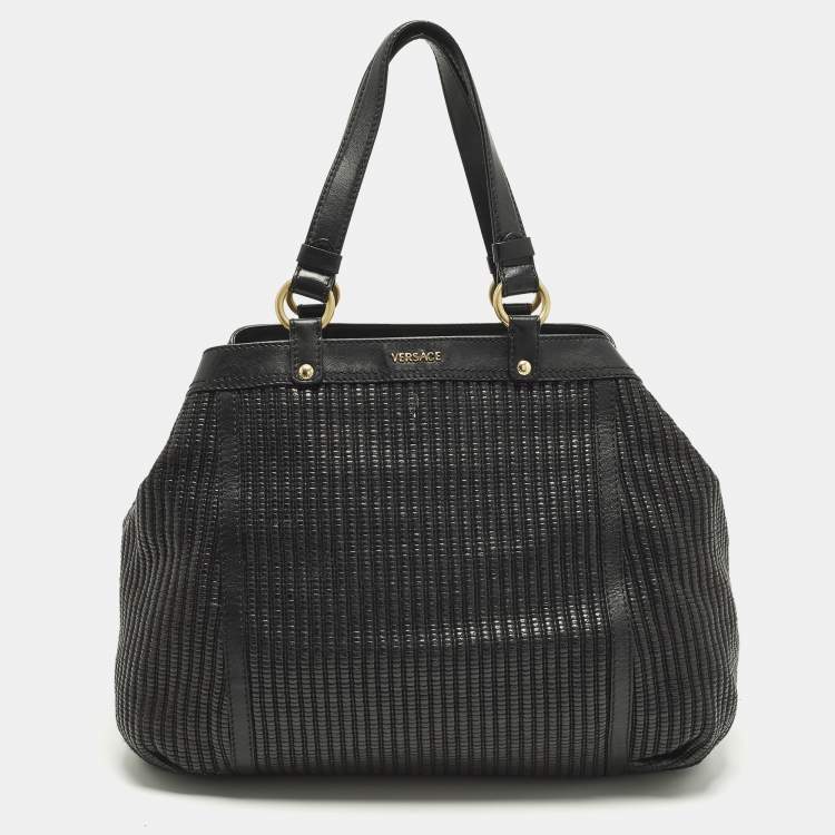 Pre Owned Versace Stripe Black Leather and Raffia Trim Tote