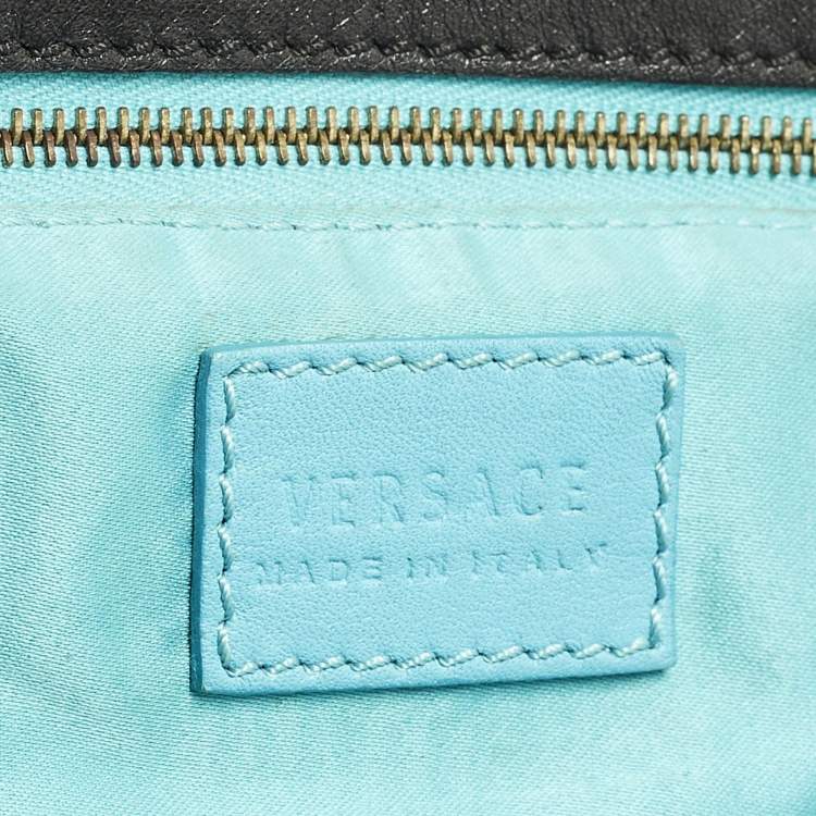 Pre Owned Versace Stripe Black Leather and Raffia Trim Tote