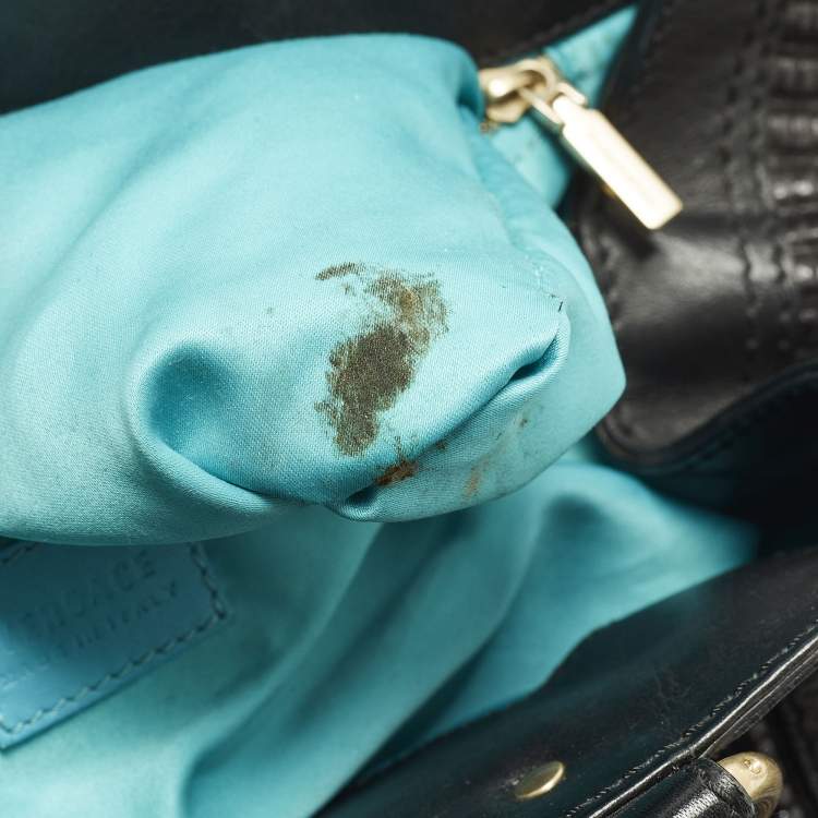 Pre Owned Versace Stripe Black Leather and Raffia Trim Tote