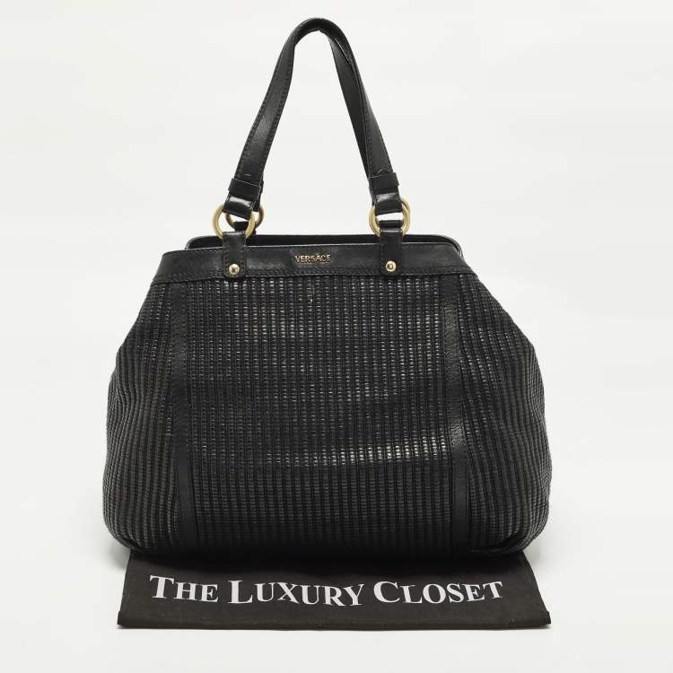Pre Owned Versace Stripe Black Leather and Raffia Trim Tote