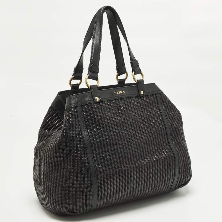 Pre Owned Versace Stripe Black Leather and Raffia Trim Tote