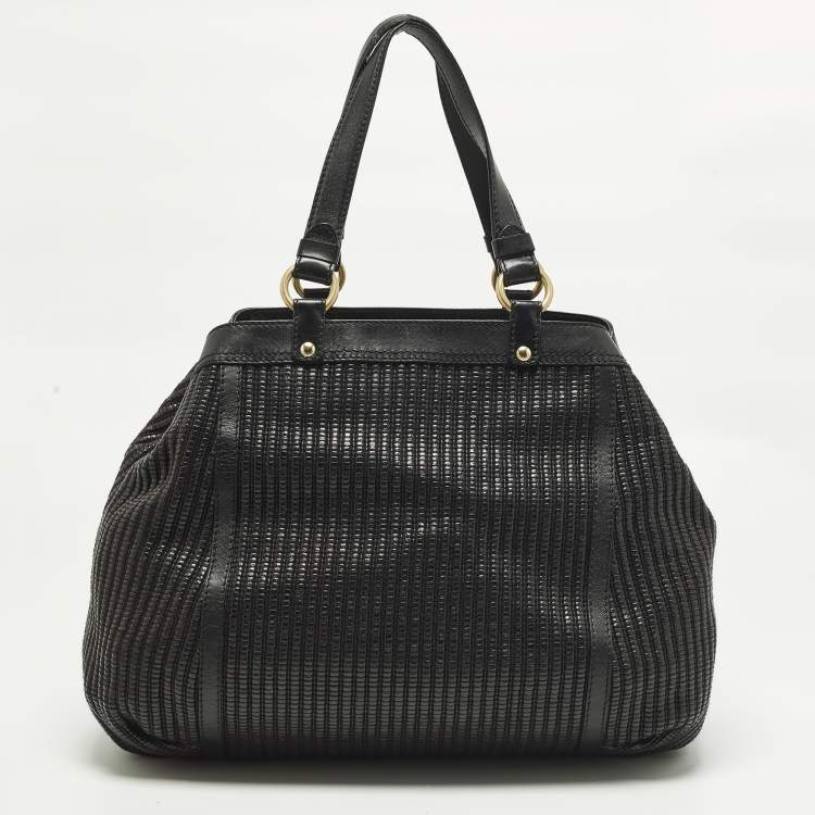 Pre Owned Versace Stripe Black Leather and Raffia Trim Tote