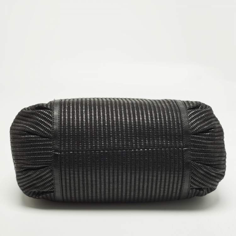 Pre Owned Versace Stripe Black Leather and Raffia Trim Tote