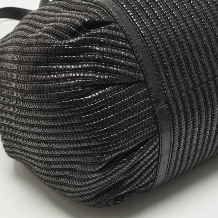 Pre Owned Versace Stripe Black Leather and Raffia Trim Tote