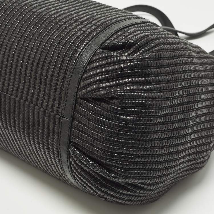 Pre Owned Versace Stripe Black Leather and Raffia Trim Tote