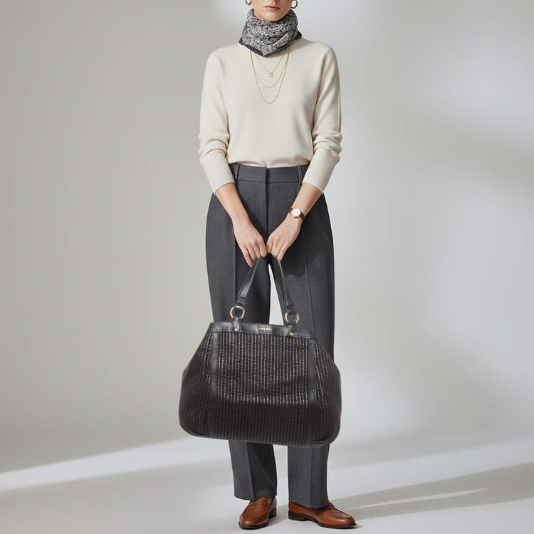 Pre Owned Versace Stripe Black Leather and Raffia Trim Tote