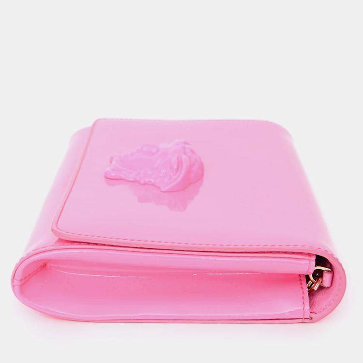 Pre Owned Versace Hot Pink Patent Leather Medusa Clutch with Chain