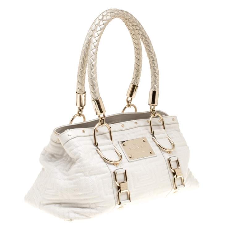 Pre Owned Versace White Quilted Leather Snap Out Of It Tote