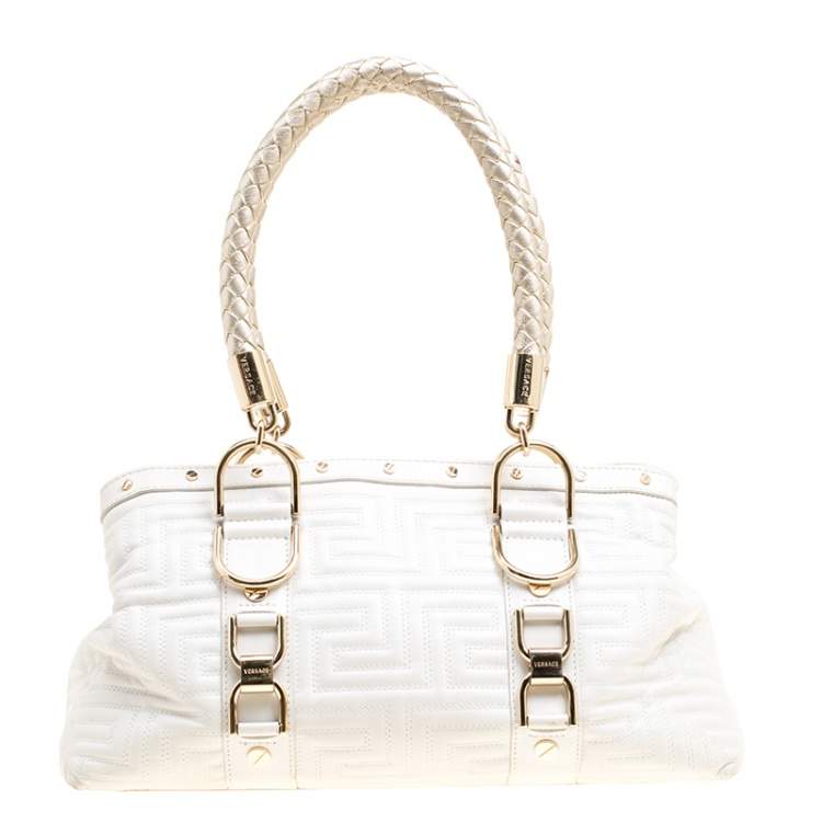 Pre Owned Versace White Quilted Leather Snap Out Of It Tote