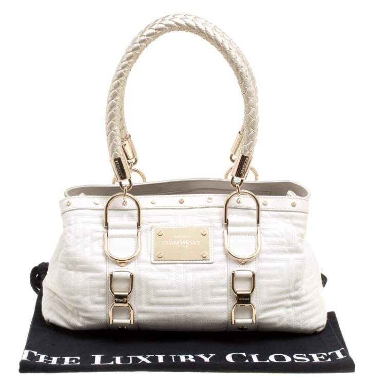 Pre Owned Versace White Quilted Leather Snap Out Of It Tote