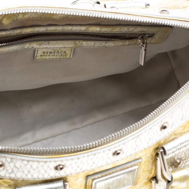 Pre Owned Versace Gold/Silver Ceramic Effect Leather Snap Out Of It Satchel