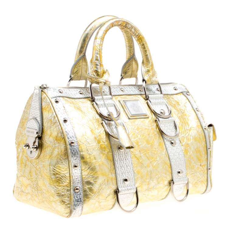 Pre Owned Versace Gold/Silver Ceramic Effect Leather Snap Out Of It Satchel