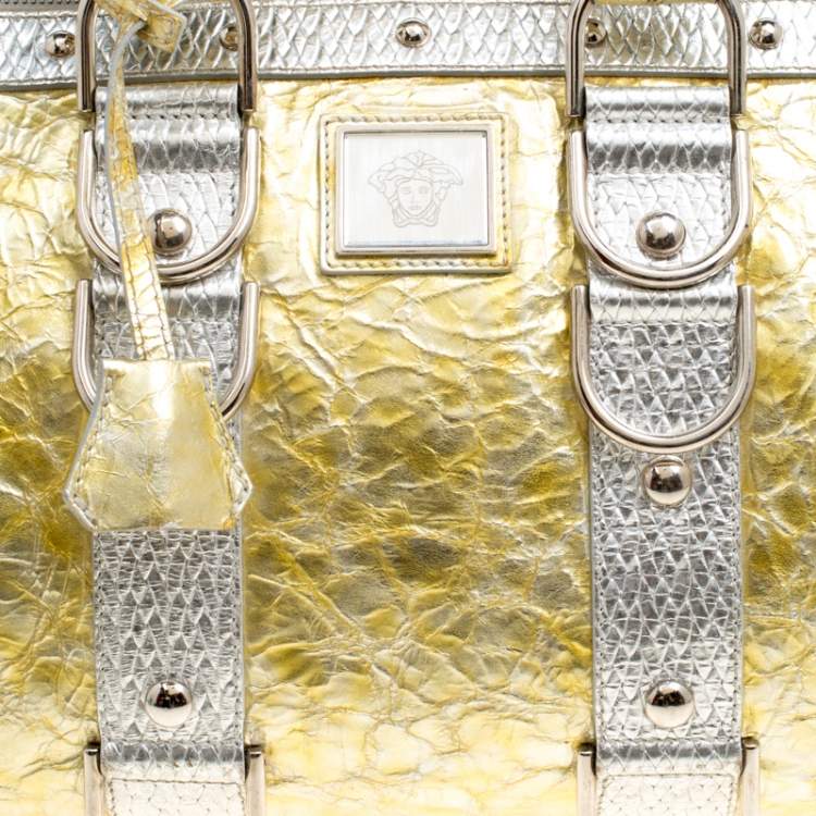 Pre Owned Versace Gold/Silver Ceramic Effect Leather Snap Out Of It Satchel