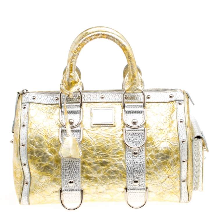 Pre Owned Versace Gold/Silver Ceramic Effect Leather Snap Out Of It Satchel