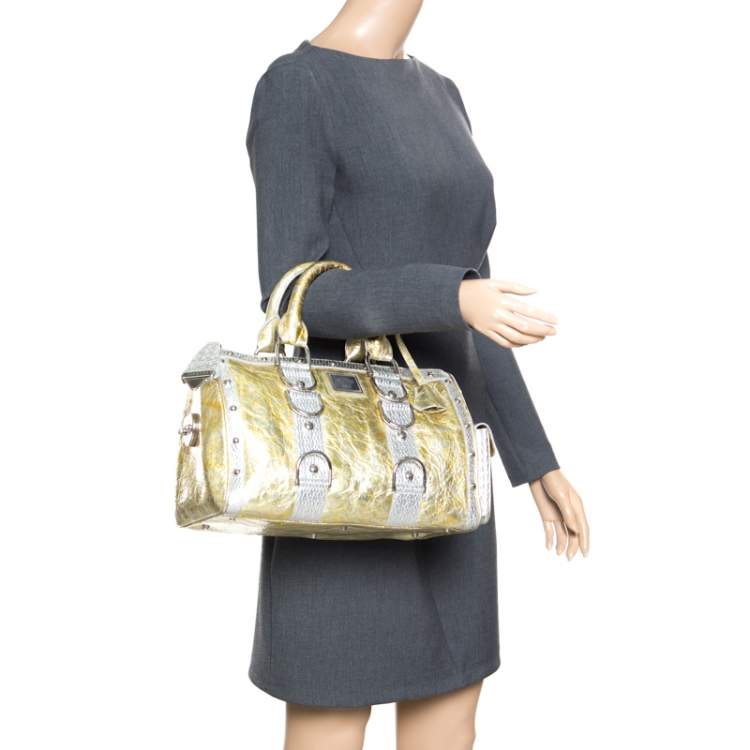 Pre Owned Versace Gold/Silver Ceramic Effect Leather Snap Out Of It Satchel