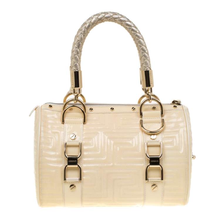 Pre Owned Versace Off White Quilted patent Leather Small Snap Out Of It Satchel