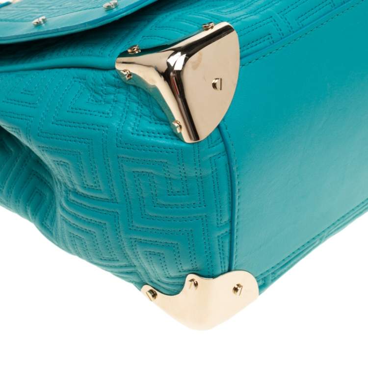 Pre Owned Versace Turquoise Leather Flap Shoulder Bag