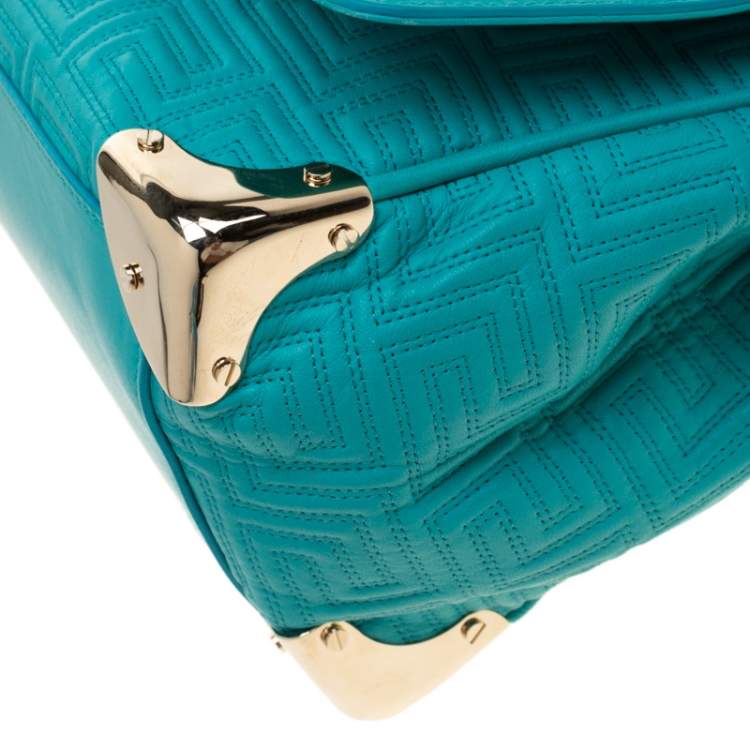 Pre Owned Versace Turquoise Leather Flap Shoulder Bag