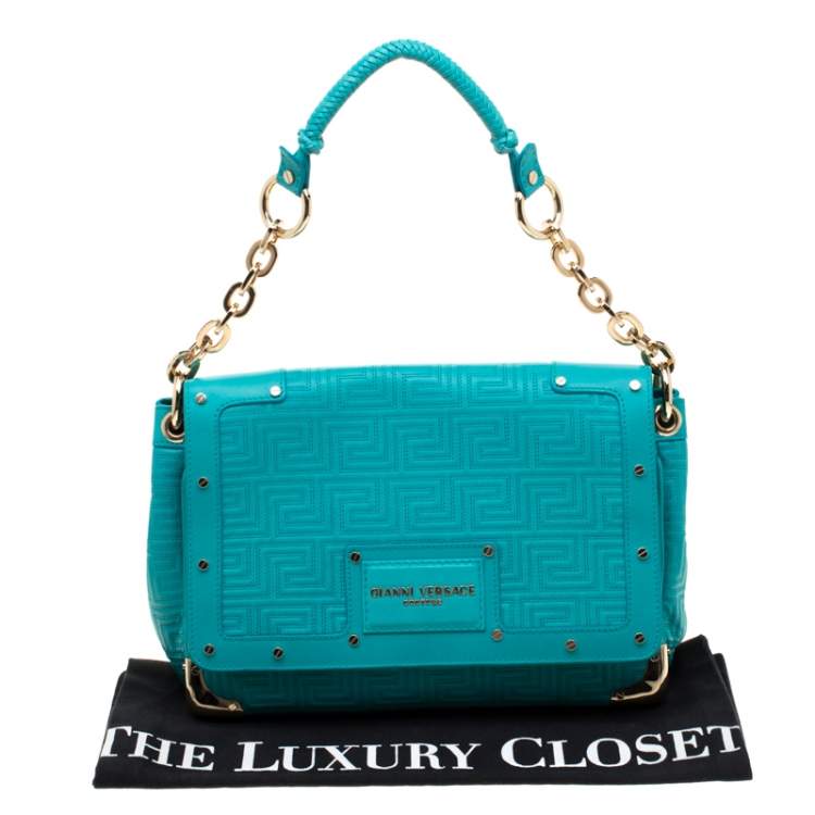 Pre Owned Versace Turquoise Leather Flap Shoulder Bag