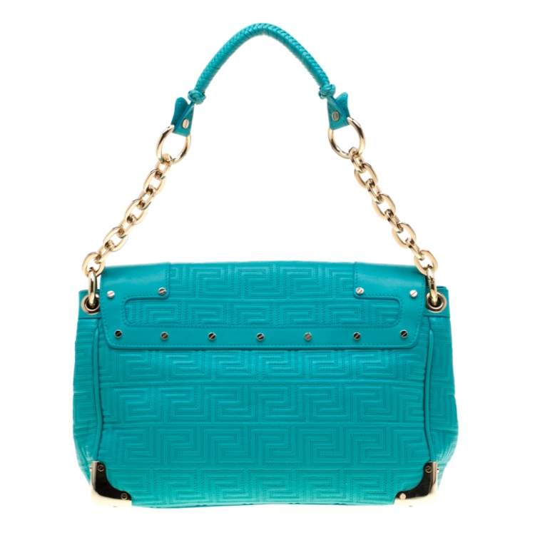 Pre Owned Versace Turquoise Leather Flap Shoulder Bag