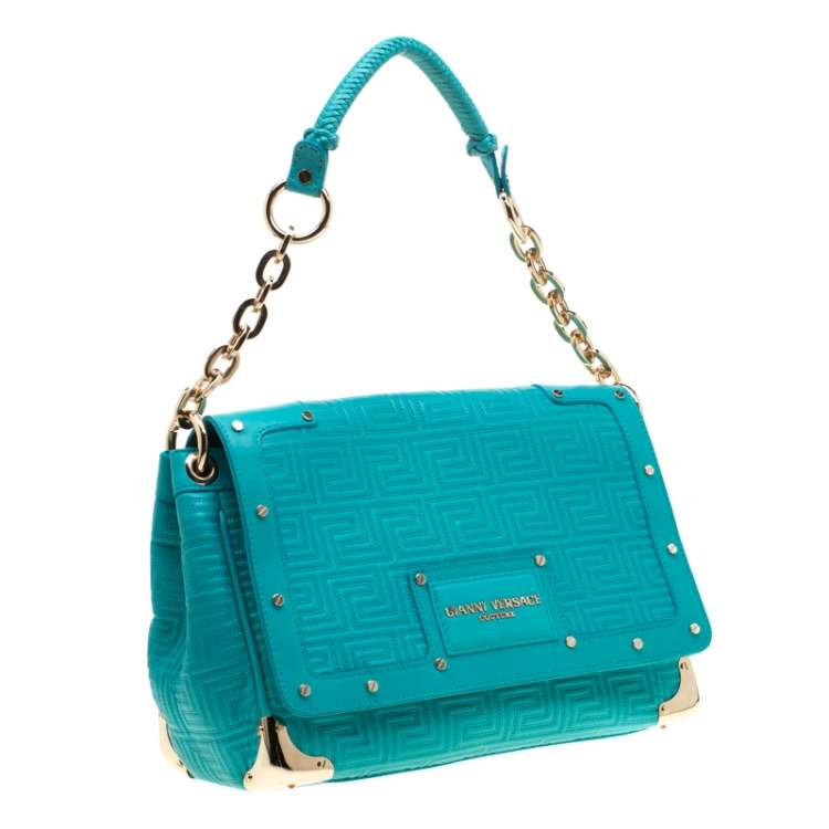 Pre Owned Versace Turquoise Leather Flap Shoulder Bag