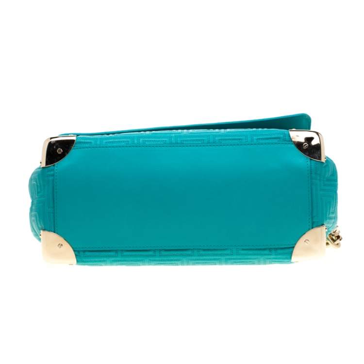 Pre Owned Versace Turquoise Leather Flap Shoulder Bag
