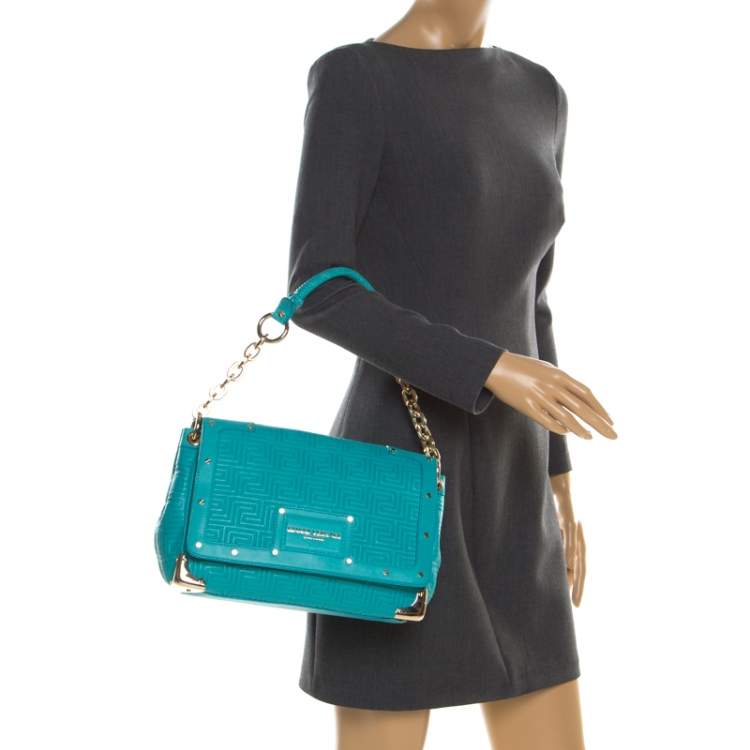 Pre Owned Versace Turquoise Leather Flap Shoulder Bag