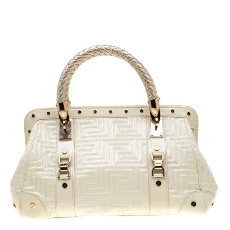 Pre Owned Versace Cream Quilted Patent Leather Snap Out Of It Satchel