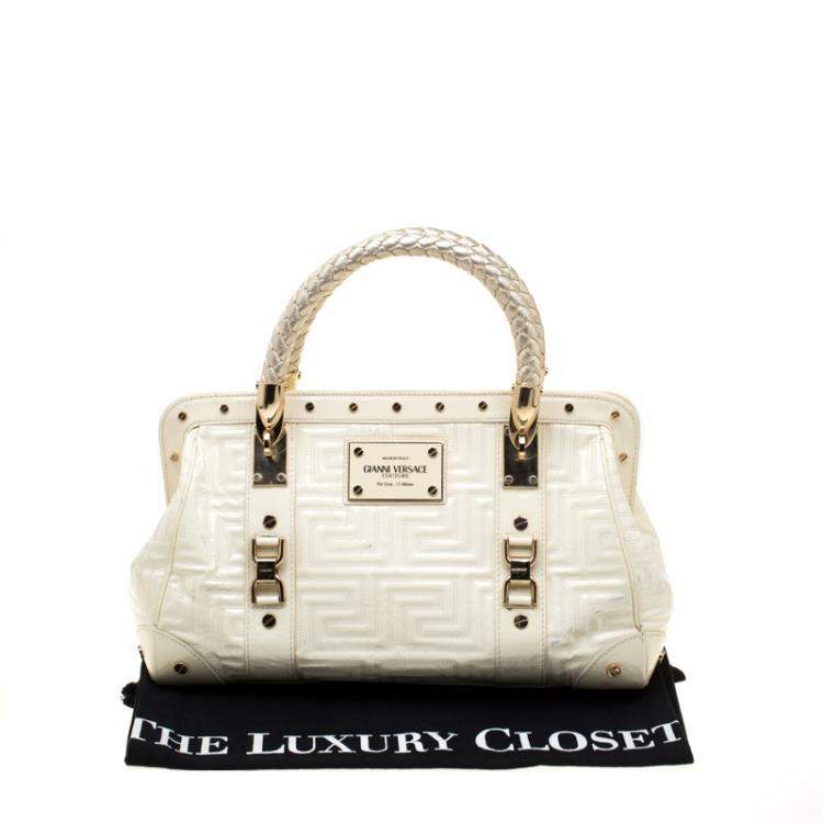 Pre Owned Versace Cream Quilted Patent Leather Snap Out Of It Satchel