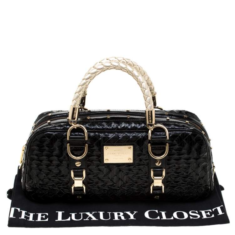 Pre Owned Versace Black Woven Patent Leather Snap Out Of It Satchel