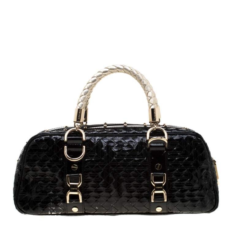 Pre Owned Versace Black Woven Patent Leather Snap Out Of It Satchel