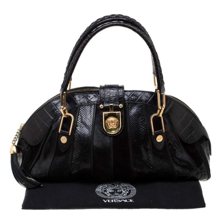 Pre Owned Versace Black Croc, Snakeskin, Calfhair and Suede Tassel Satchel