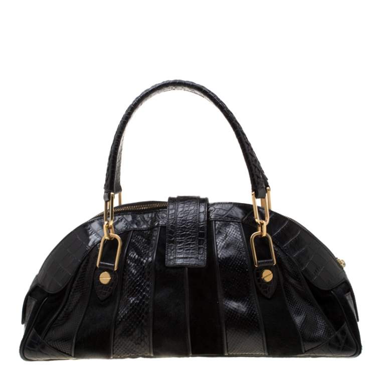 Pre Owned Versace Black Croc, Snakeskin, Calfhair and Suede Tassel Satchel