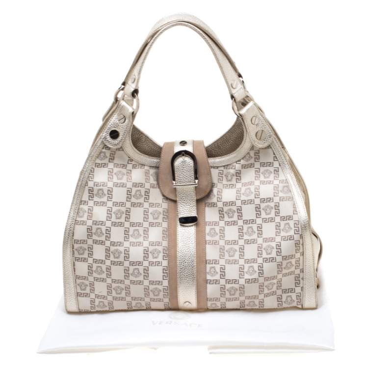 Pre Owned Versace Beige Metallic Canvas, Leather and Suede Trim Satchel