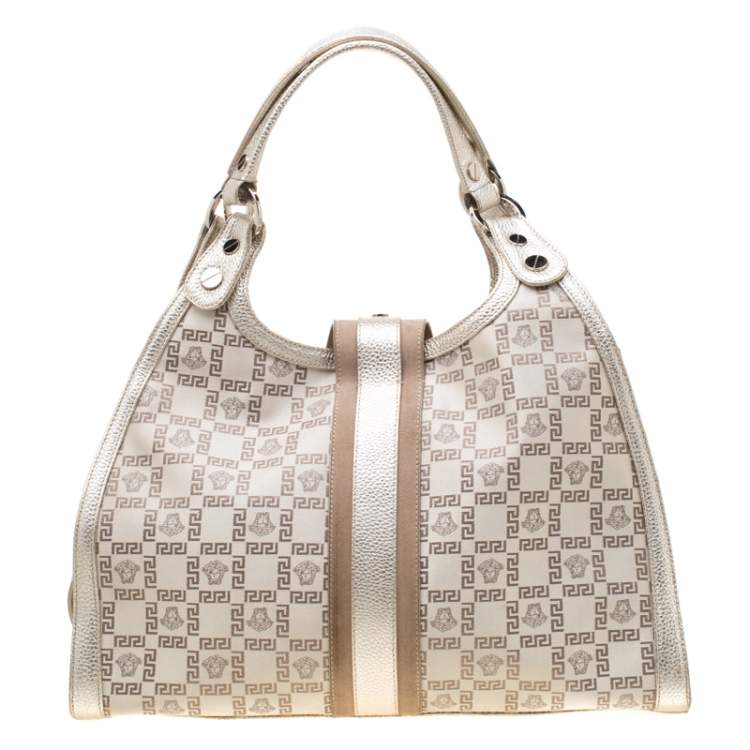 Pre Owned Versace Beige Metallic Canvas, Leather and Suede Trim Satchel