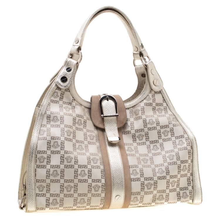 Pre Owned Versace Beige Metallic Canvas, Leather and Suede Trim Satchel