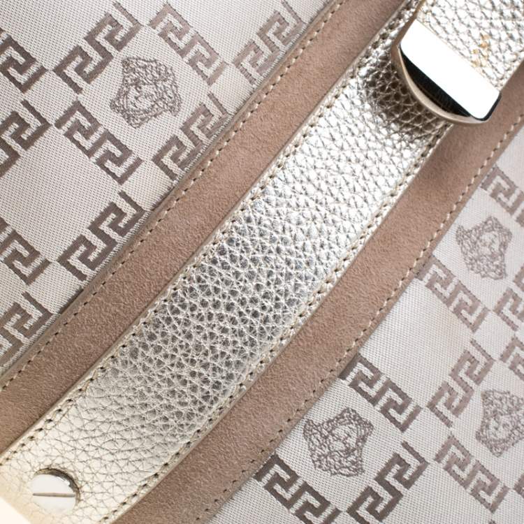 Pre Owned Versace Beige Metallic Canvas, Leather and Suede Trim Satchel