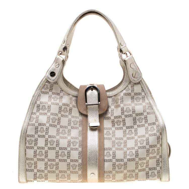 Pre Owned Versace Beige Metallic Canvas, Leather and Suede Trim Satchel