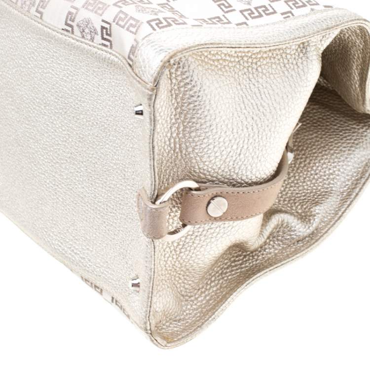 Pre Owned Versace Beige Metallic Canvas, Leather and Suede Trim Satchel
